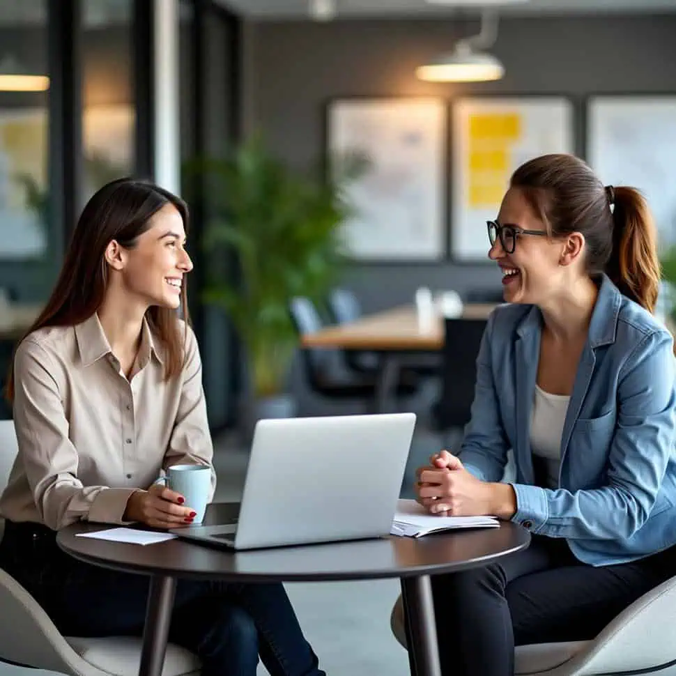 Two female colleagues smiling and discussing project ideas at a table in a modern office, with a laptop and coffee.