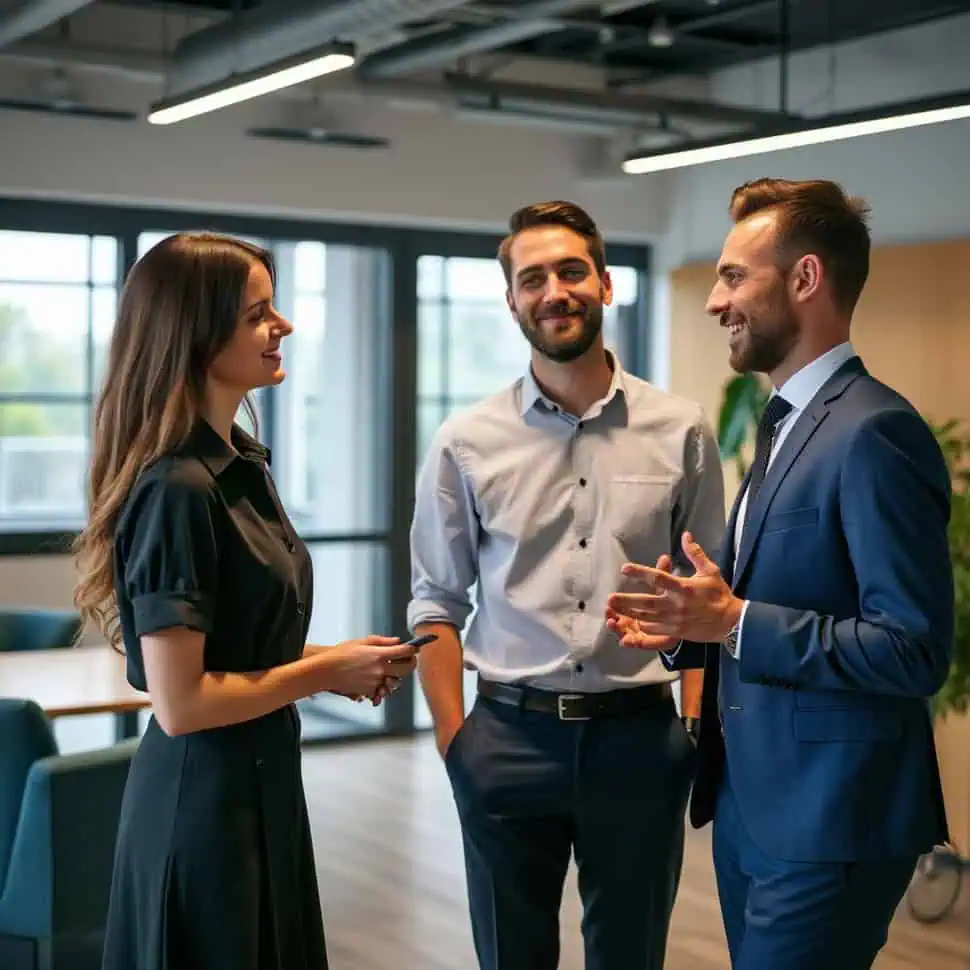 Three business professionals engaging in a friendly discussion about strategy in a modern office setting.