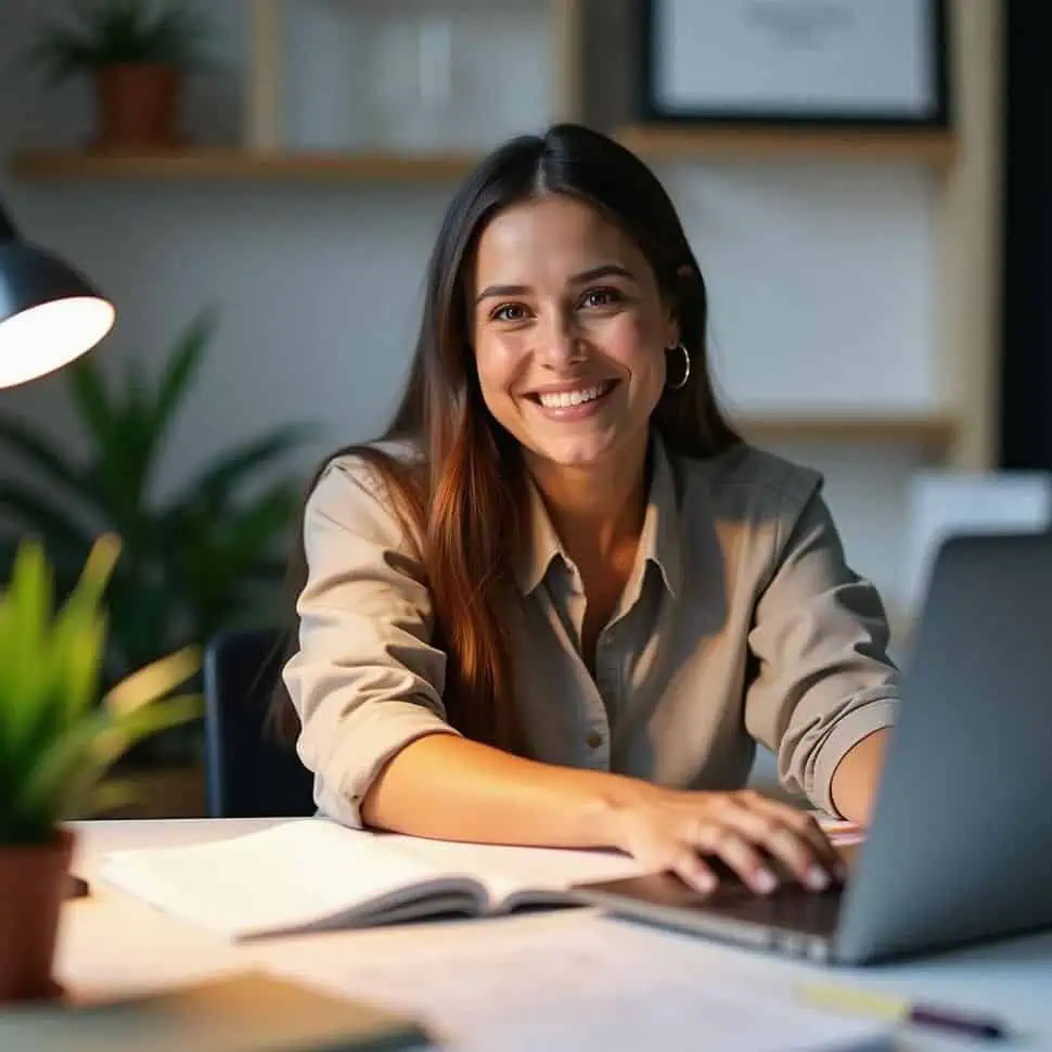 Smiling young woman working on a laptop at a desk in a home office setting, with a plant and desk lamp nearby.