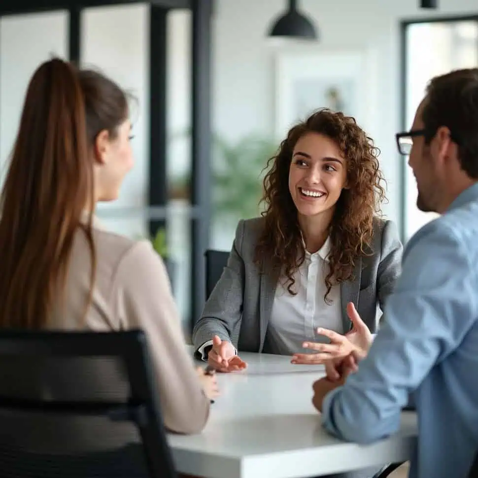 A staff member smiling and engaging with two customers at a table, providing professional customer service assistance in a modern office setting.