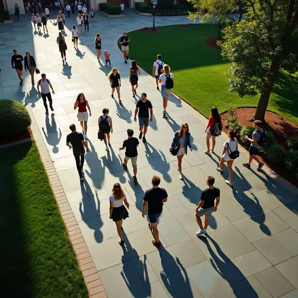 A group of students walking along a campus pathway on a sunny day, casting long shadows on the pavement with green lawns on either side.