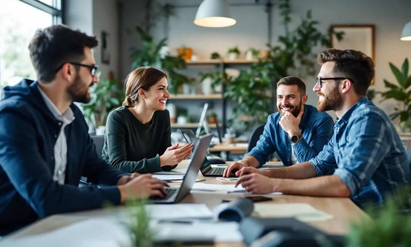 A group of four colleagues collaborating and brainstorming ideas in a modern, plant-filled office environment, with laptops and documents on the table.