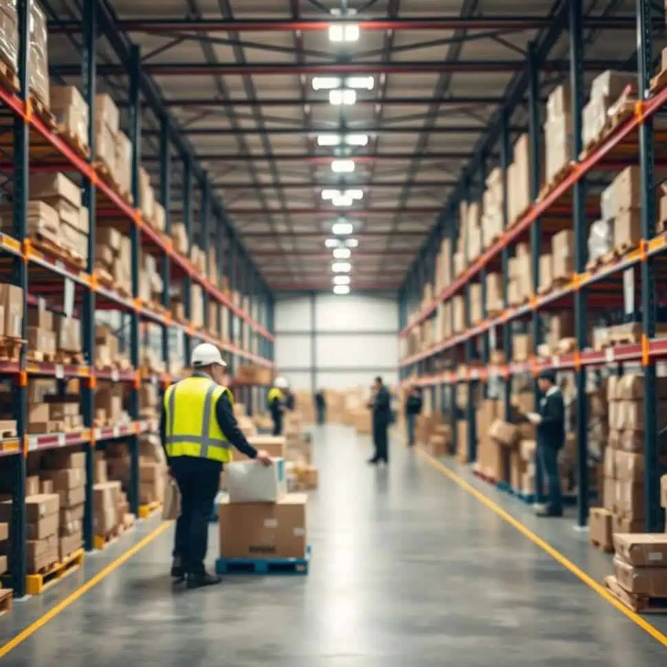 Workers in high-visibility vests organizing and managing inventory in a large warehouse filled with shelves of stacked boxes.